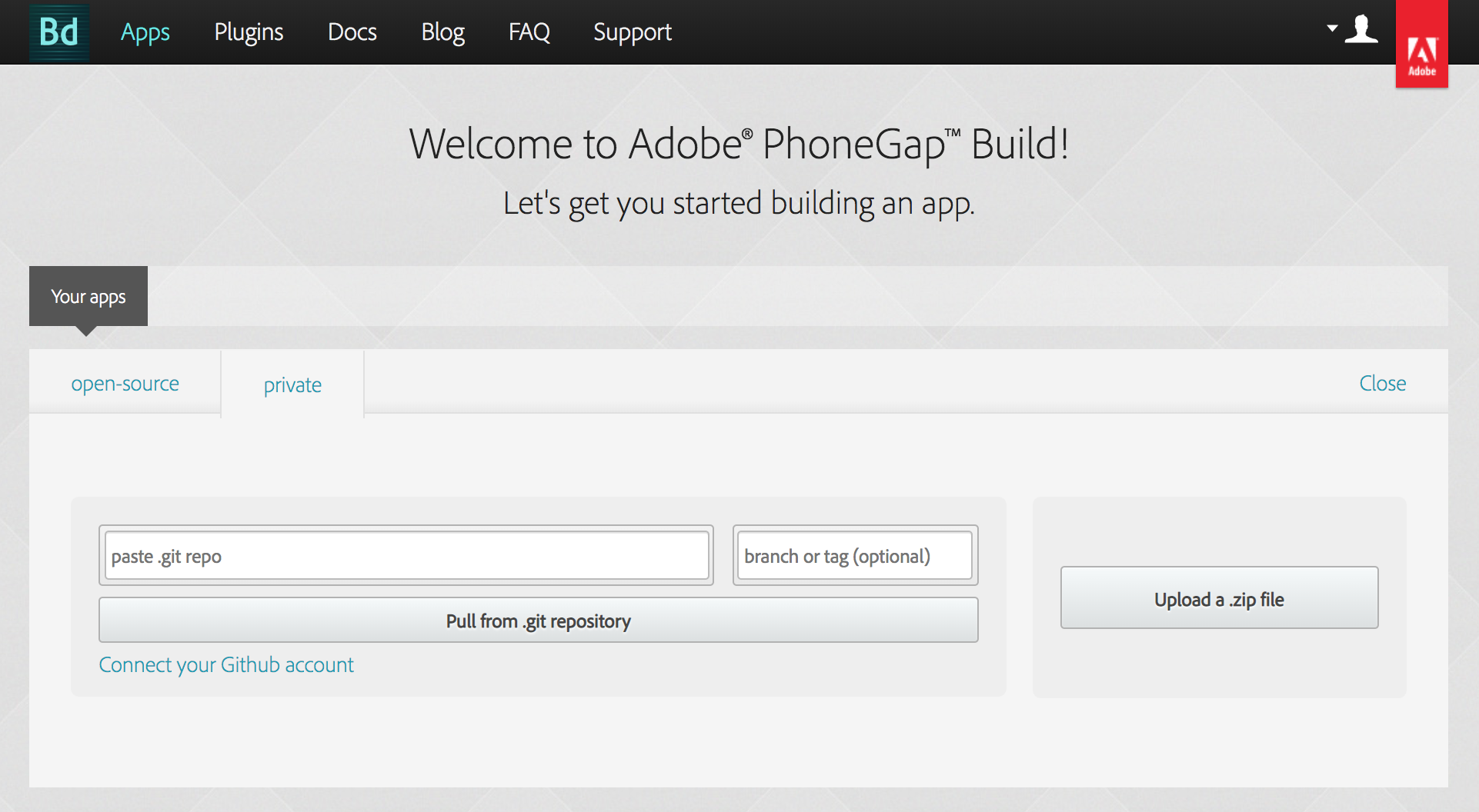 PHONEGAP build. Adobe PHONEGAP. PHONEGAP app. Create a private Tab. Plugin приложения